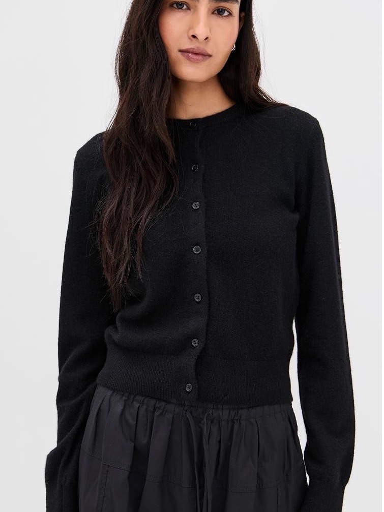 White + Warren Black Button-Front 100% Cashmere Cardigan